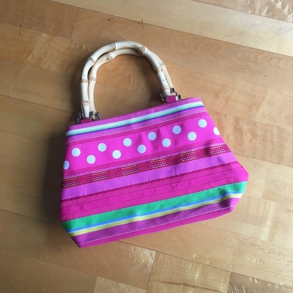 Mercer & Madison Bamboo Handle Mini Bag, Stripes, Polka Dots, Neon Pink, Green - Picture 3 of 16